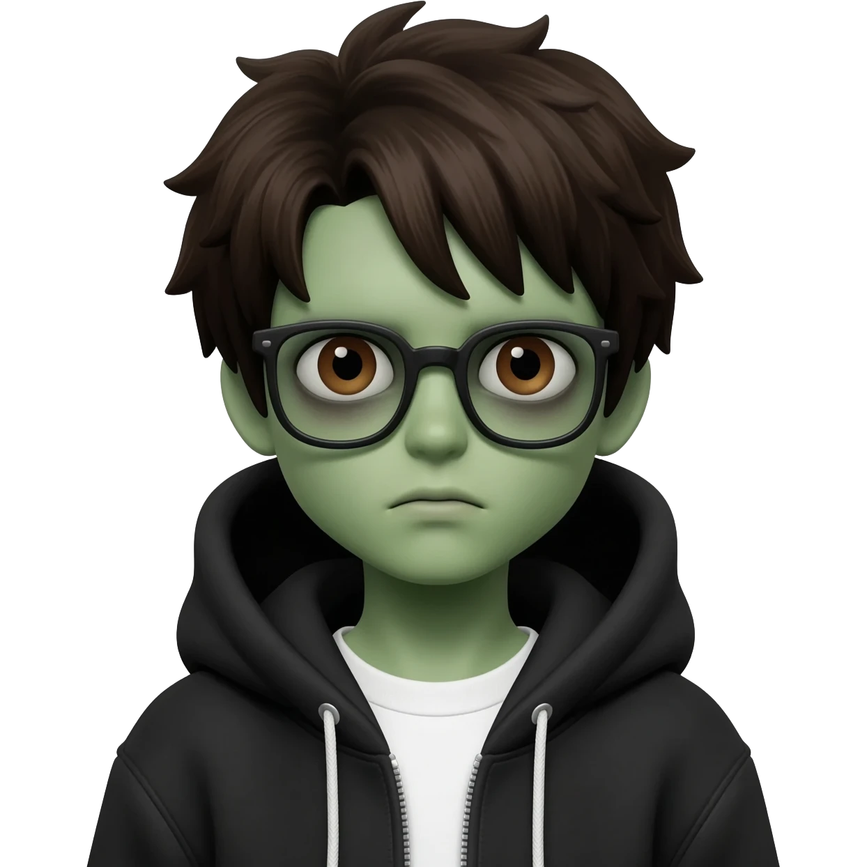 zombie boy with white tshirt and black brownish hair and with black glasses frames on hair is texturized young boy and round face more green face and dark brown eyes black thick cotton y2k hoodie with the white t-shirt under it hood of hoodie is standing up a slight bit and no ties on hoodie emoji