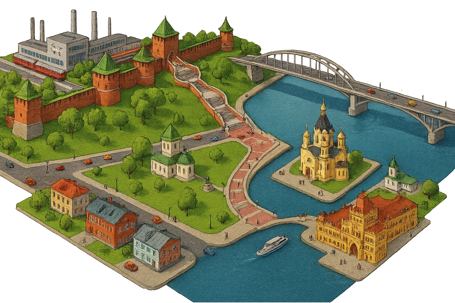 Изометричная миниатюрная фотореалистичная 3D модель панорамы Нижнего Новгорода - Нижегородский Кремль, Стрелка между Окой и Волгой, ГАЗ, Чкаловская лестница, Борский Мост через Волгу, Нижегородская ярмарка, нижегородские дома, автотранспорт четкие линии, яркие цвета, мультяшный реализм, люди, автотранспорт, компактная композиция, вид сверху в изометрии, прозрачный фон emoji