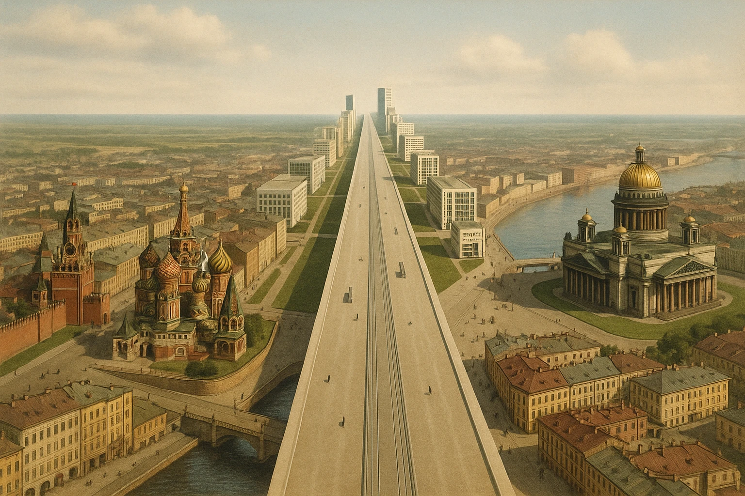 Москва соединена с Санкт-Петербургом и образовывает единый город-луч. Чем-то похожий на NEOM.

На одном конце луча Кремль, на другом Исакиевский собор 

Архивные цветные фото 1920 год emoji