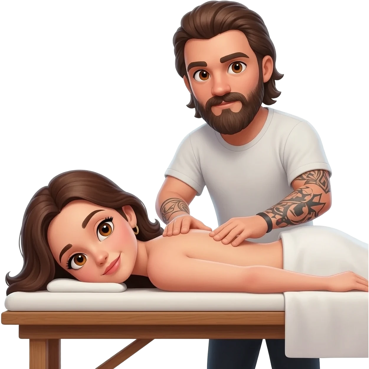 Female, brunette, brown eyes, long hair, getting a massage on a table by a male, long hair, brunette beard, brown eyes with tattoos, giving a massage emoji