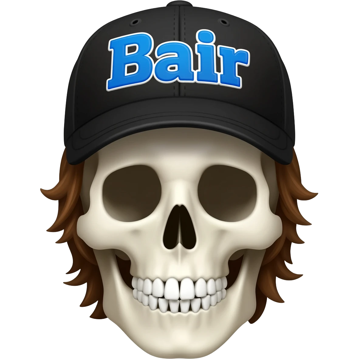 Create a skeleton head wearing a black baseball cap that says " Bair " in blue, and white lettering, with brown hair emoji