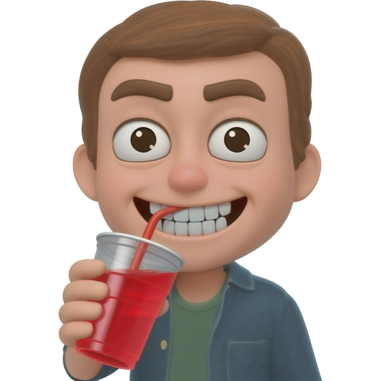 overly happy psychotic looking face drinking a cup of kool aid emoji