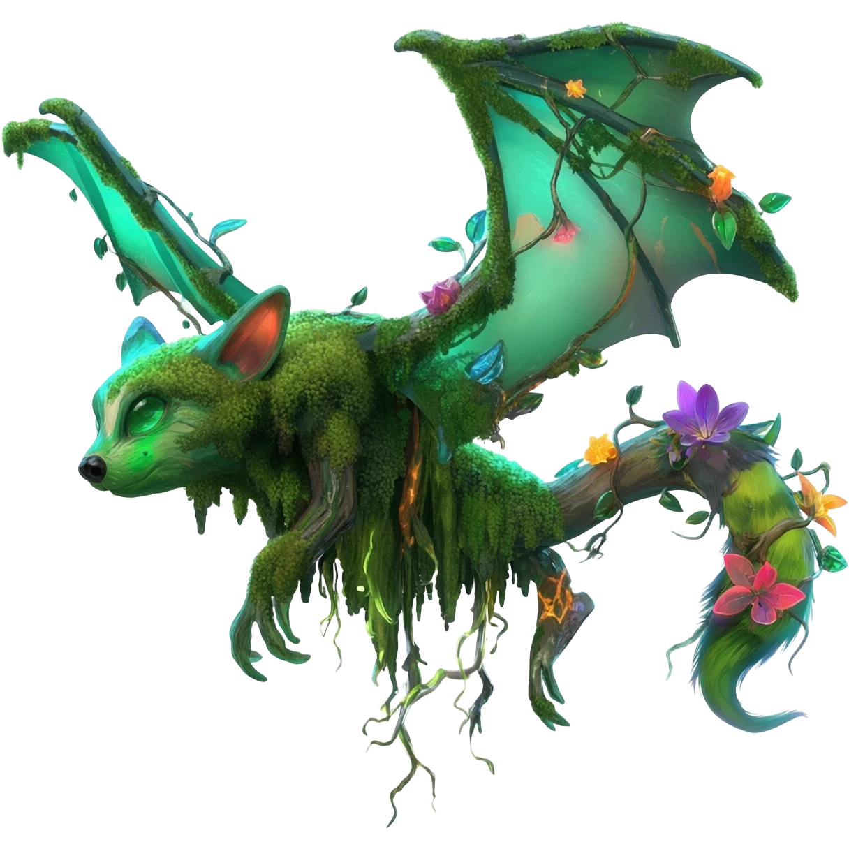 Realistic Sharp swampy mossy elemental ivy floral detailed Colorful translucent luminescent glowing Trico-Noibat-batty-Sergal-Furret-Ferret-Wolverine-Vernid-furry-fursona-fusion-Fakemon-animal-hybrid-creature, full body emoji