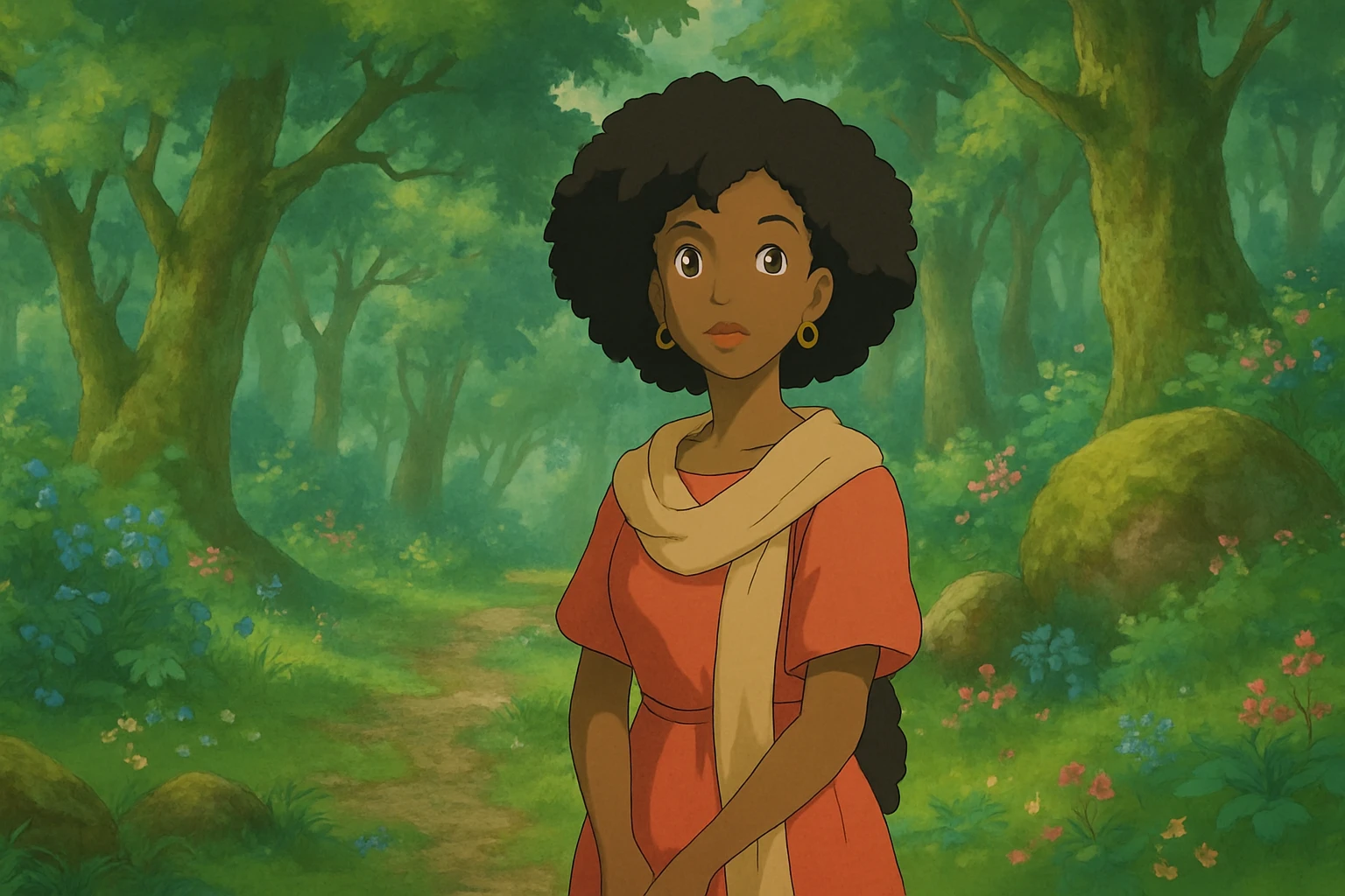 black woman in a magical forest, soft lighting and whimsical atmosphere, ghibli style emoji