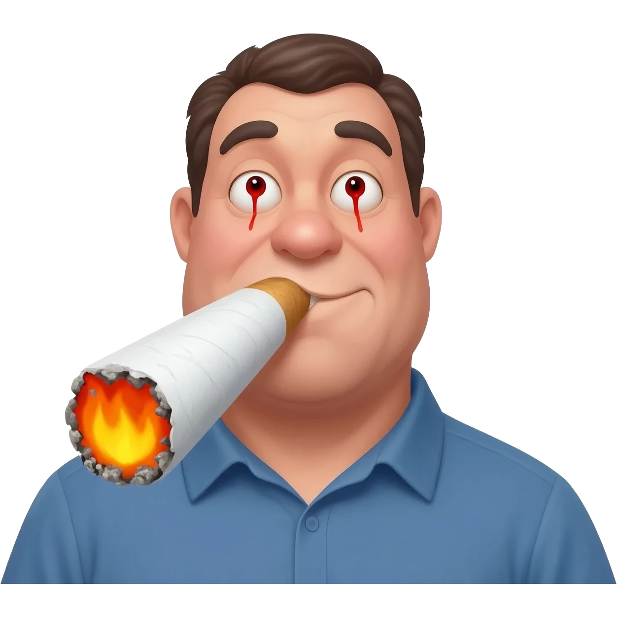 Chubby goofy looking middle aged  white guy with dark brown, but graying hair and bloodshot eyes, Smoking A SUPER HUGE  all white joint without a brown filter with orange and ash with hot ash and smoke rising off of it emoji