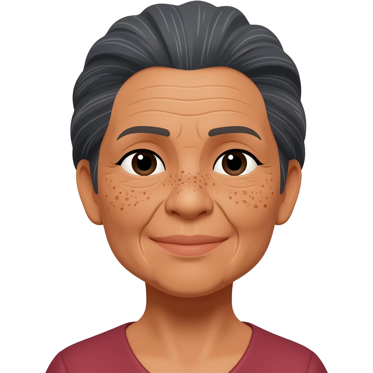 grandma, very hair, tan, dark grey hair, filipina, freckles all over face emoji