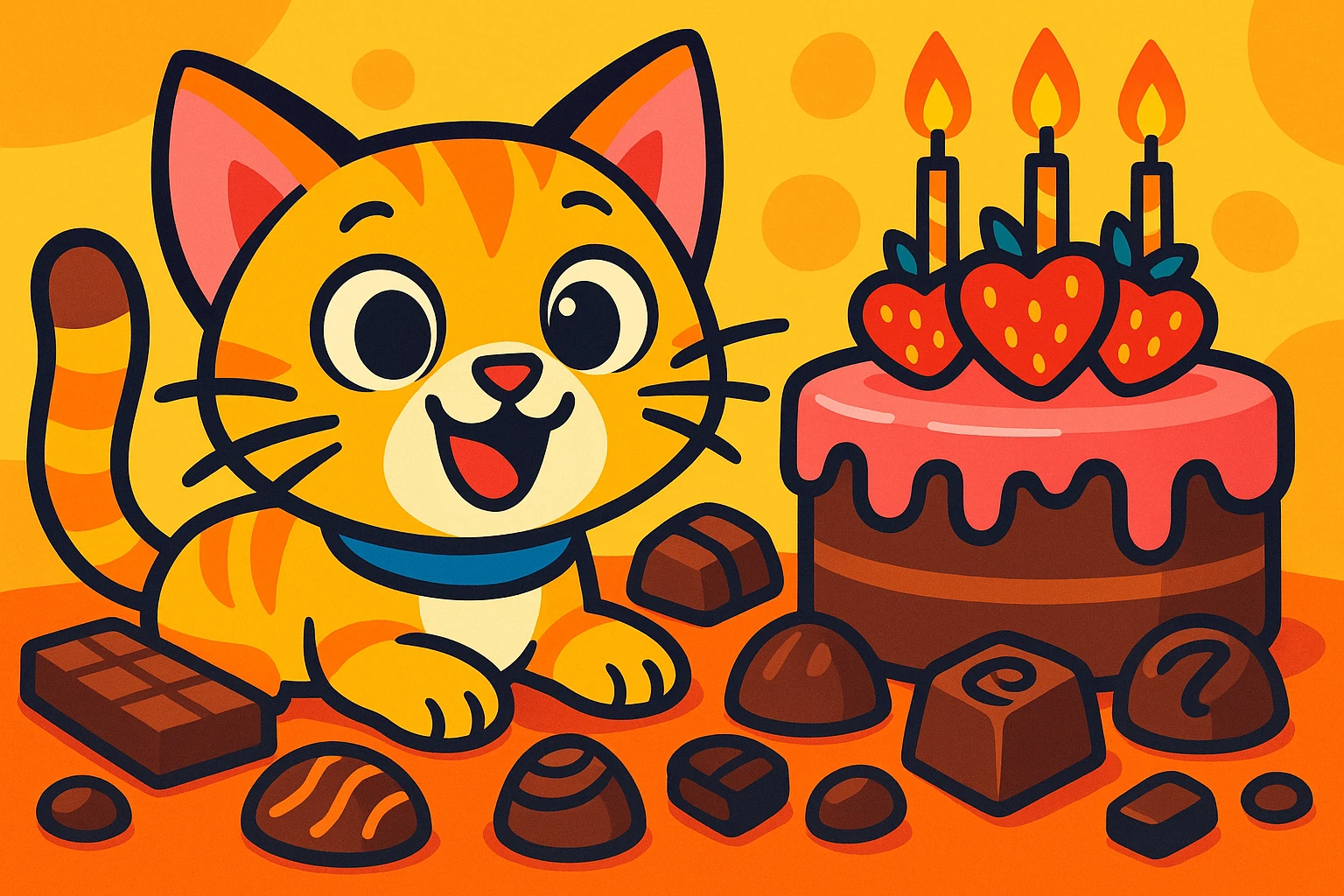 colorful cartoon style animated kitten surrounded by chocolates and a cake emoji