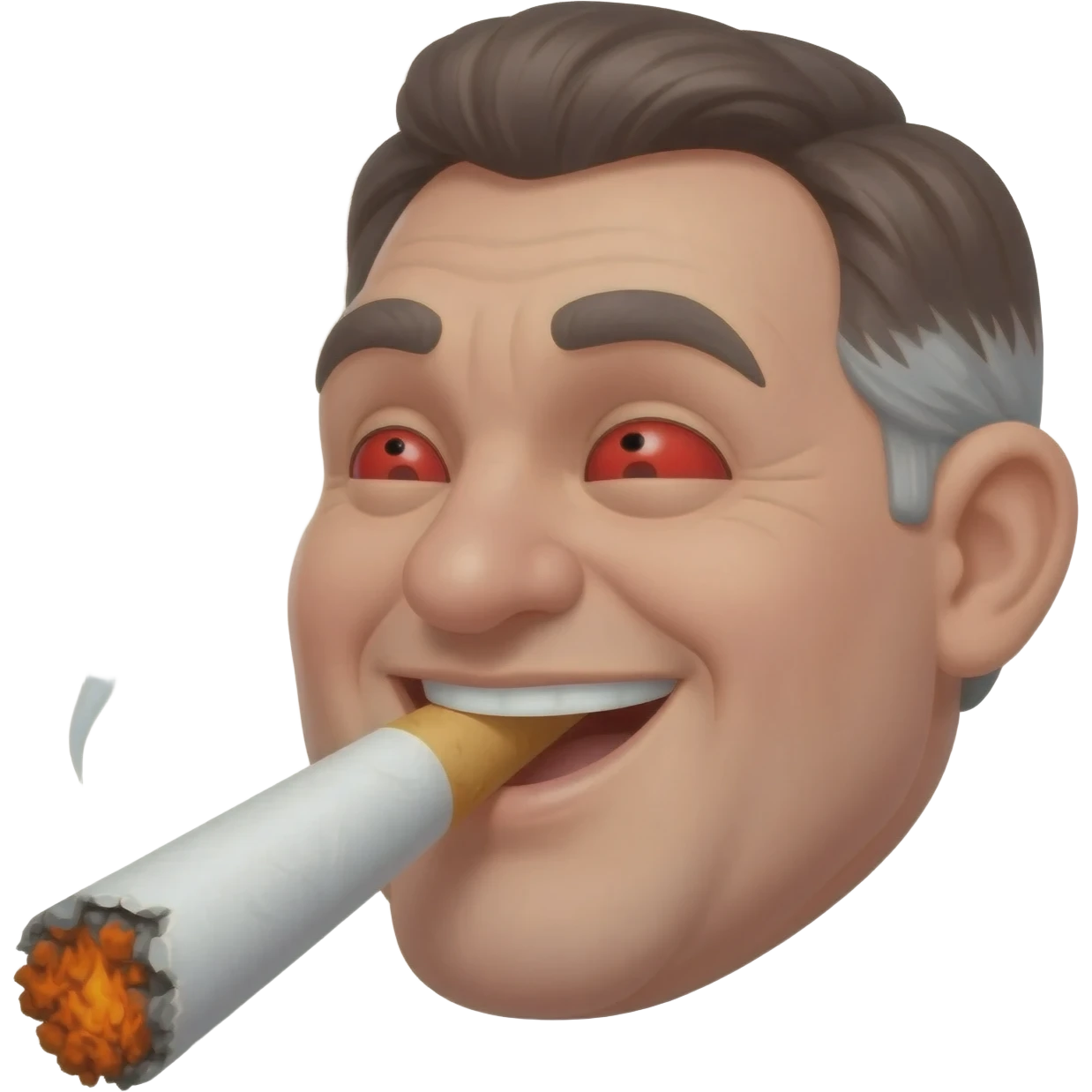 Chubby and funny looking middle aged  white guy with dark brown, but graying hair and bloodshot eyes, Smoking A SUPER HUGE  all white joint without a brown filter with orange and ash with hot ash and smoke rising off of it emoji