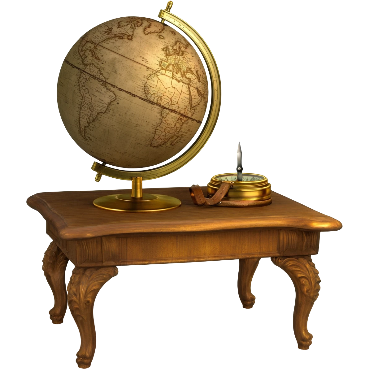 An antique geographic globe beside a vintage brass compass on an old wooden desk, warm lighting, historical exploration theme emoji