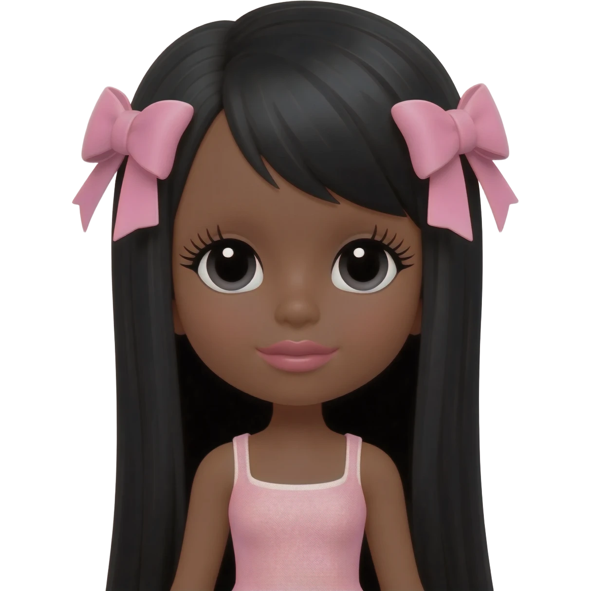 Doll with darkbrown skin with long black hair with pink bows, lashes, cute lips emoji