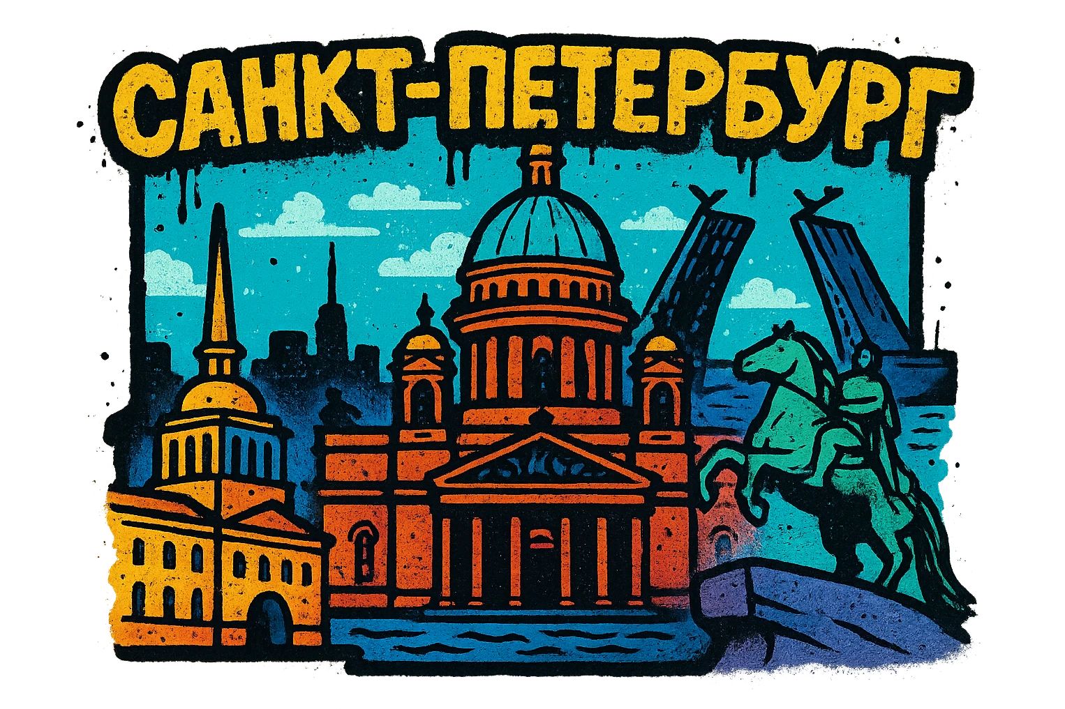 Сделай png рисунок Санкт-Петрбурка в стиле граффити emoji