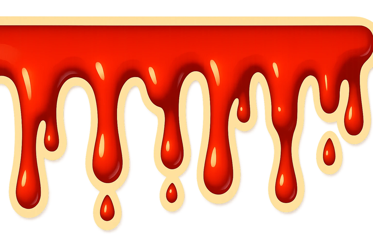 Render dripping blood in retro sticker style with drips of different lengths. The longest drip should be only half as long as in the previous render. The image should be three times longer horizontally while maintaining the same vertical height. Use a transparent background. emoji