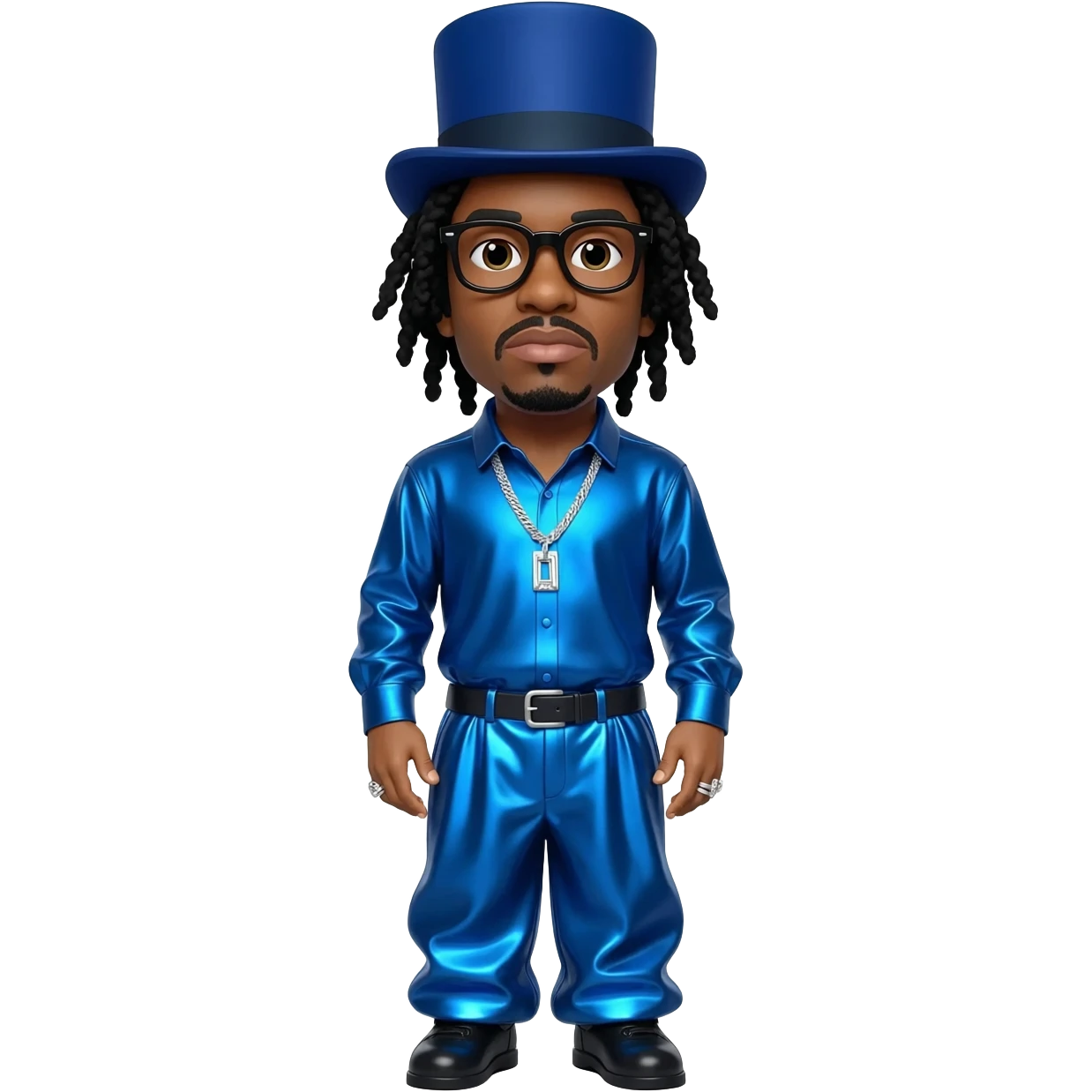 Flavor Flav with black hair, indigo top hat, black glasses, indigo metallic shirt, indigo metallic baggy pants, silver necklace emoji