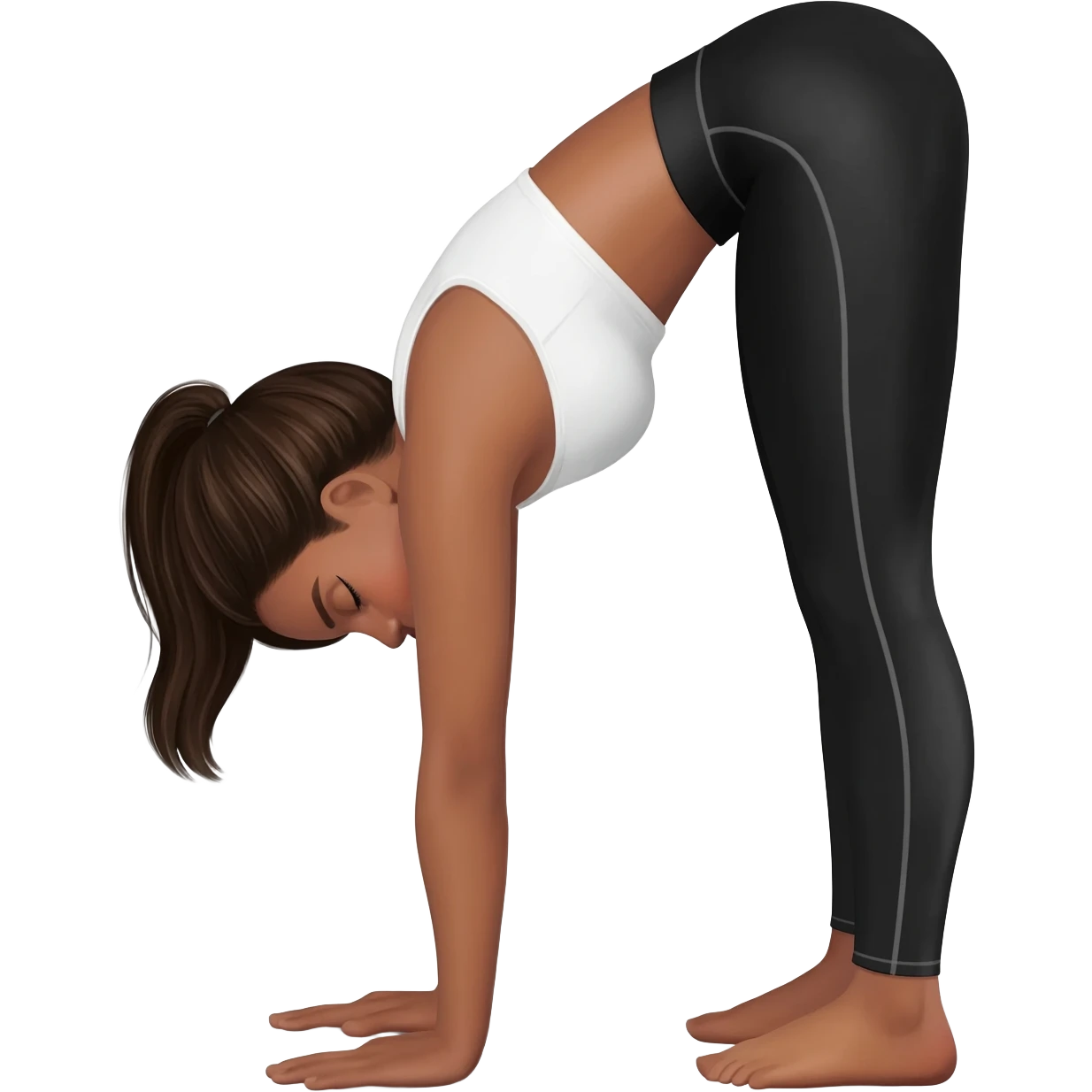 Девушка белокожая с правильным пропорциями тела стоит в позе собака мордой вниз, только человек, с длинными темными волосами, в коротком белом топе, в черных лосинах, с черными ресницами emoji