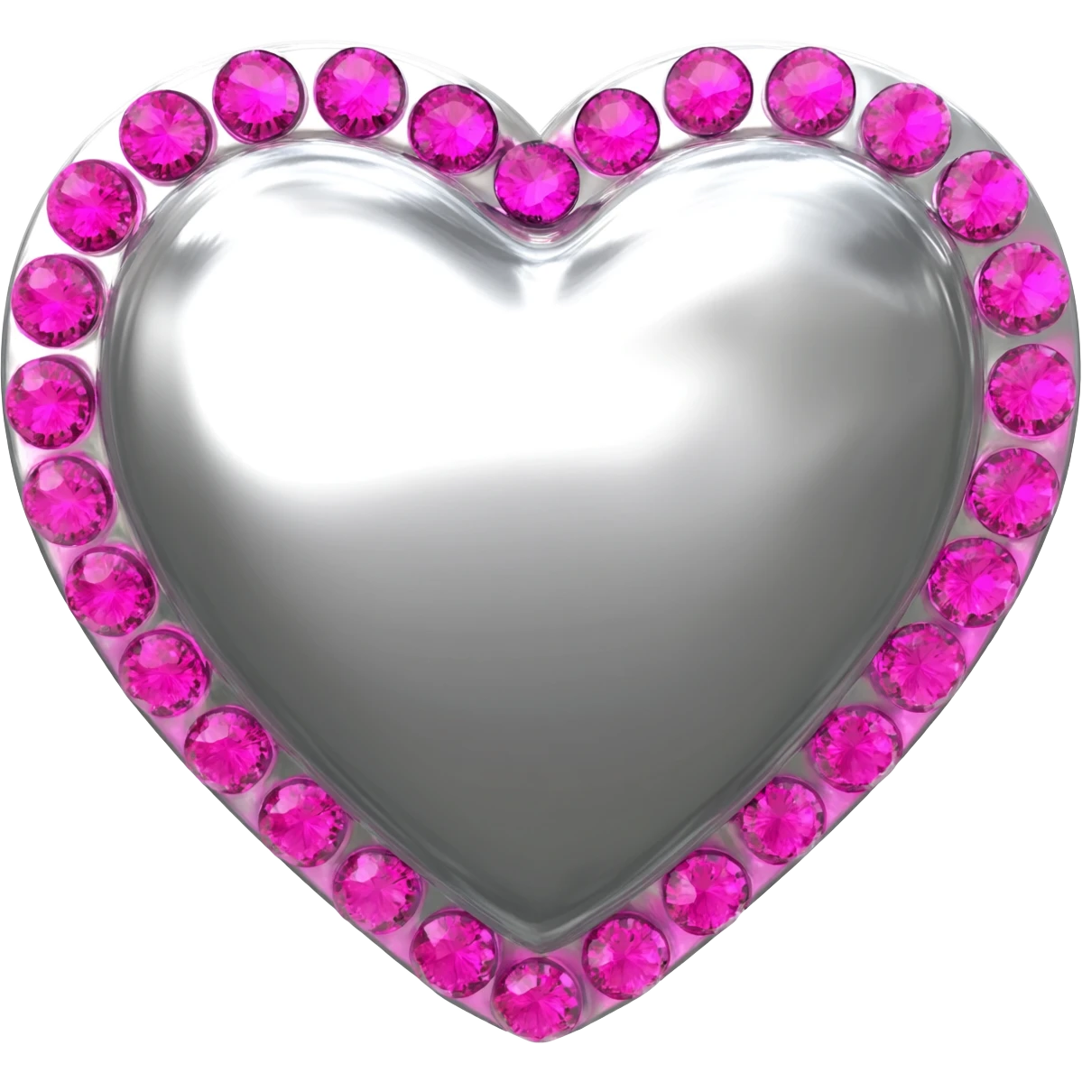 Shiny silver heart with bright pink circle rhinestones tracing along the outline emoji
