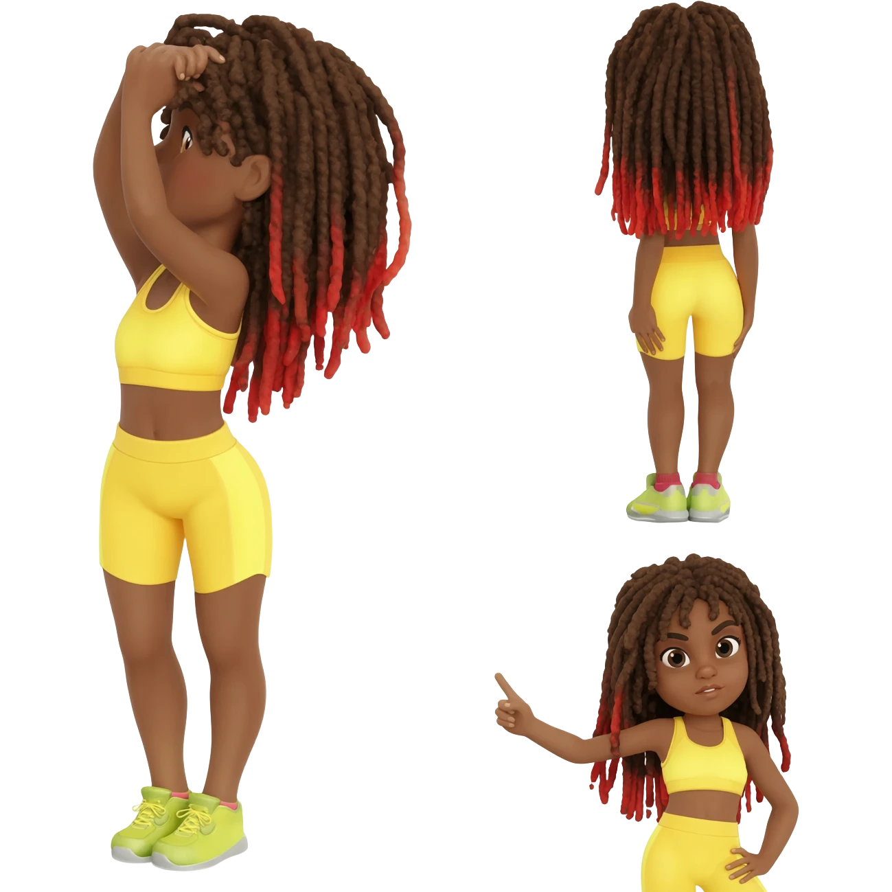 African American girl with long brown dreadlocks with red tips, In yellow working out clothes in various work out poses emoji