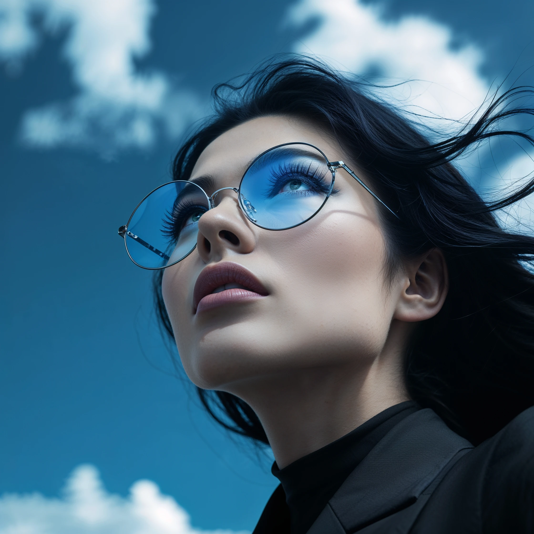 extreme closeup Photo of a beautifull woman with dark hairs and dark uotfit looking up (like villain), orange background, minimalistic, glasses with contrast reflection of blue sky and white clouds  emoji