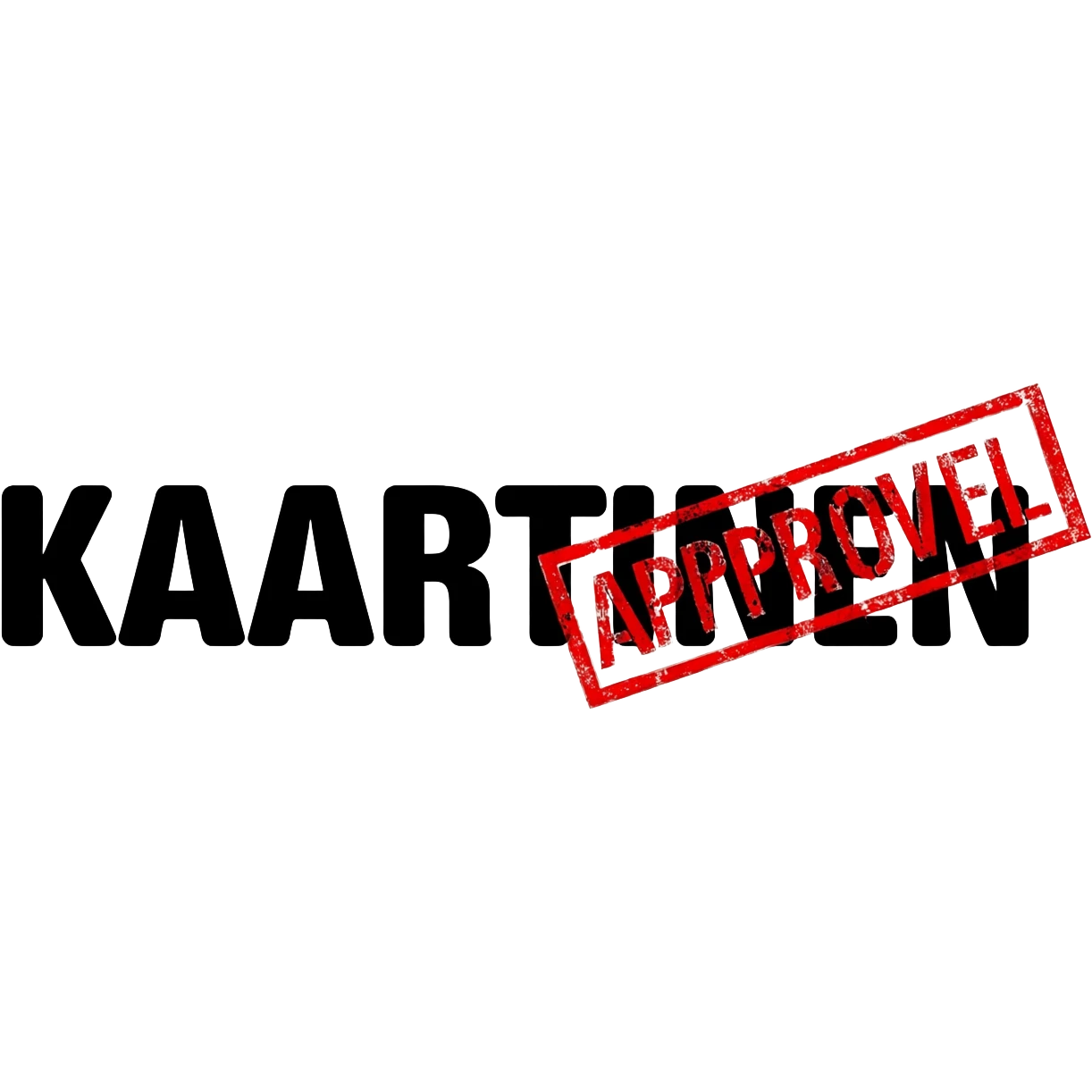 emoji should have text KAARTINEN in bold black letters and over the text at NEN part should be Approves stamp in red emoji