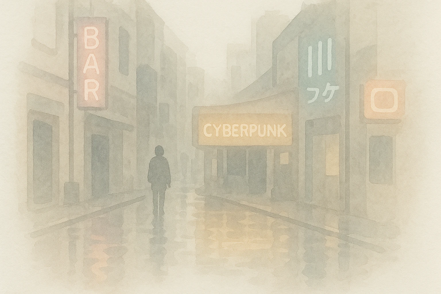cyberpunk 2077 street scene with neon signs and rain-soaked pavement, watercolor style emoji