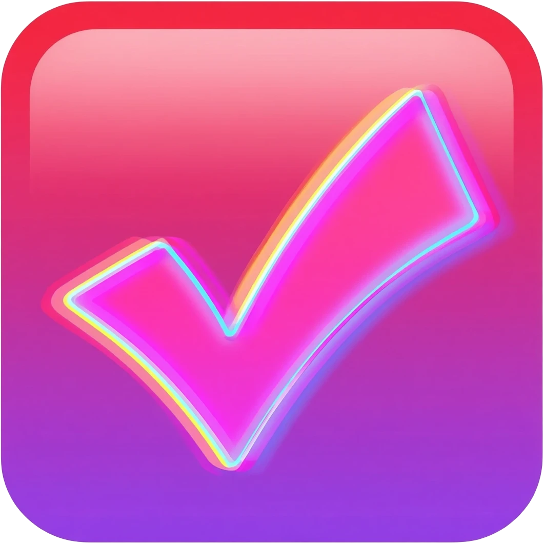 "Custom YouTube tick emoji, glitch effect checkmark, red-pink-purple gradient, digital distortion, cyberpunk neon glow, transparent background, 109x109px" emoji