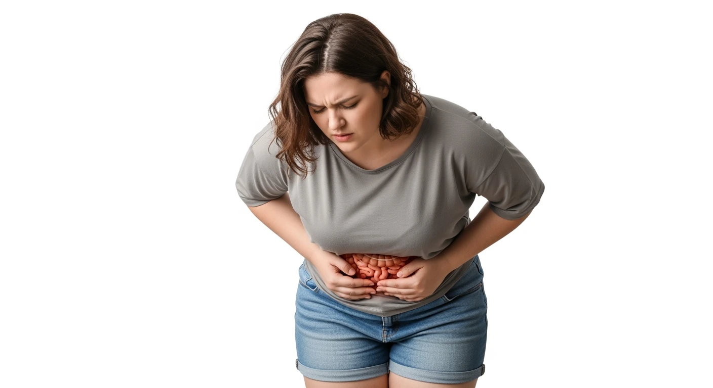 DONNA LEGGERMENTE SOVRAPPESO PIEGATA IN AVANTI FRONTALMENTE CON INTESTINO ANATOMICO IN EVIDENZA, MAL DI PANCIA iperrealistico 4k, ISOLATA SU SFONDO BIANCO emoji