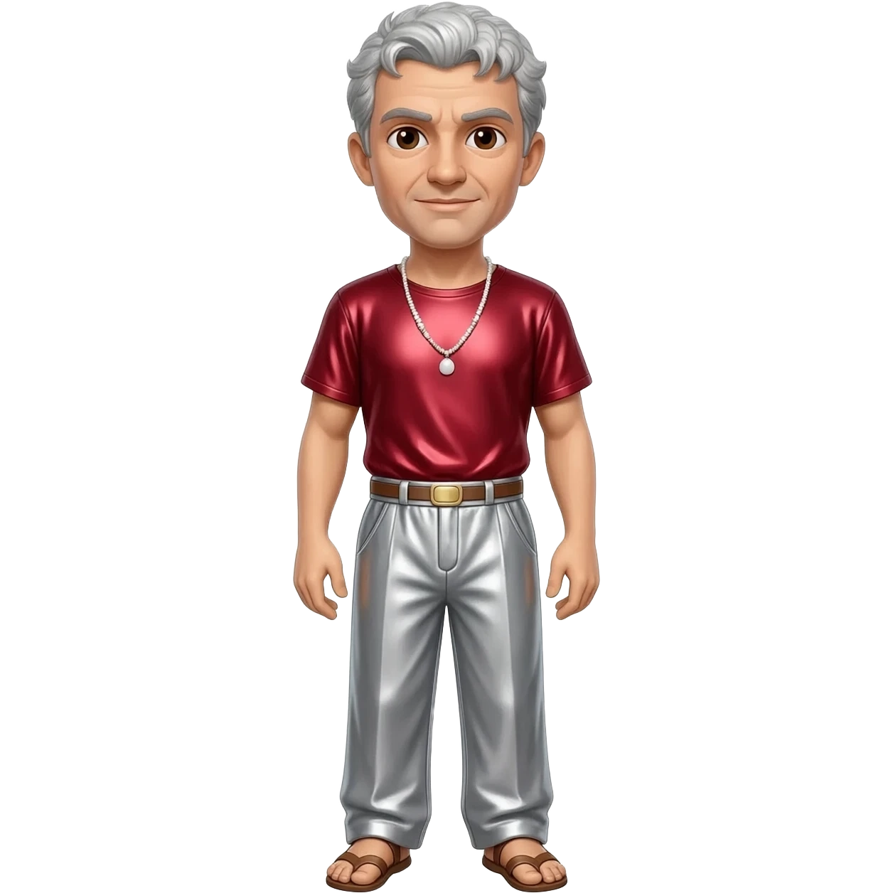 Julius Caesar with dark brown eyes, silver hair, ruby red metallic shirt, silver metallic baggy pants, white necklace emoji