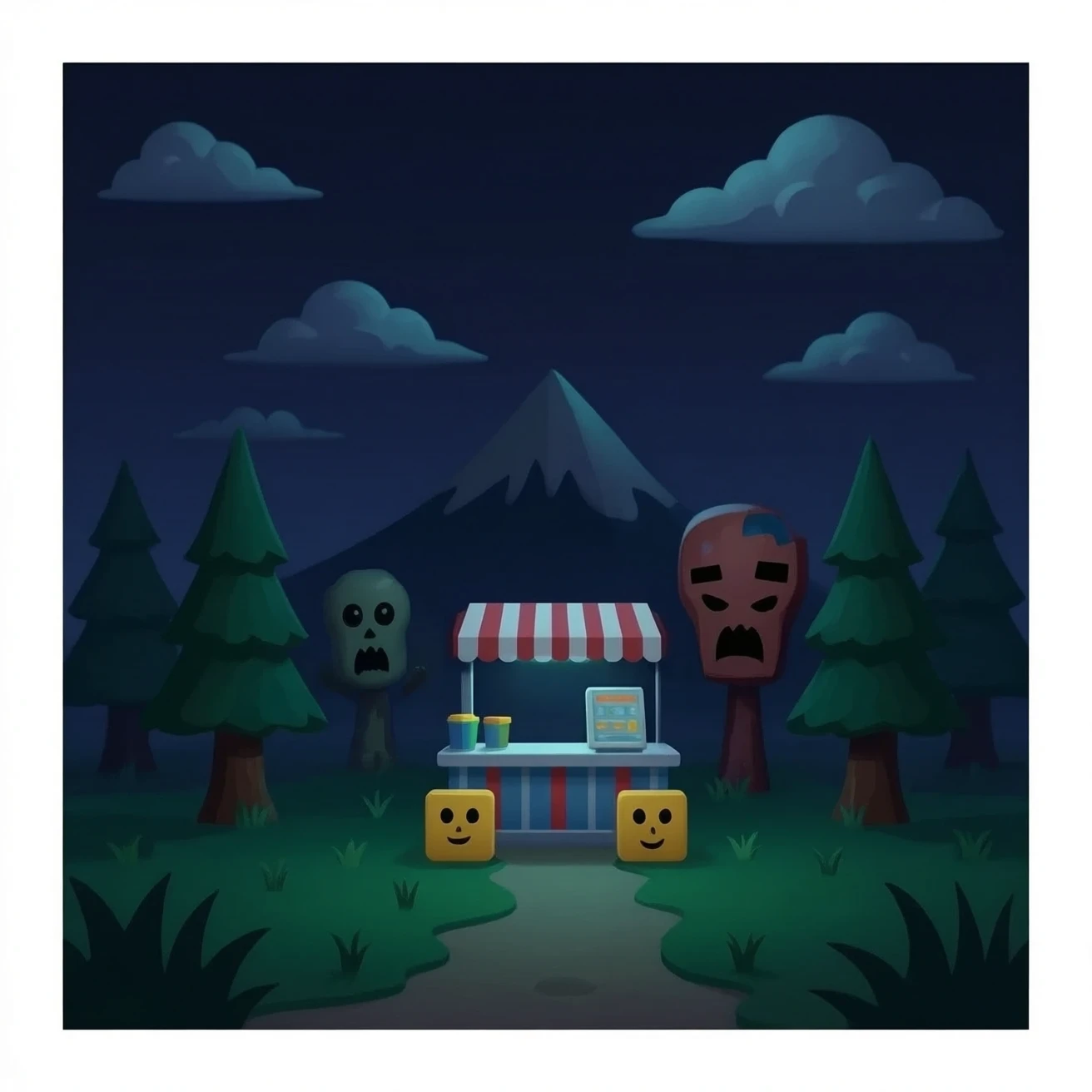 A roblox game that is called Ekas kiosk with a horror backround emoji