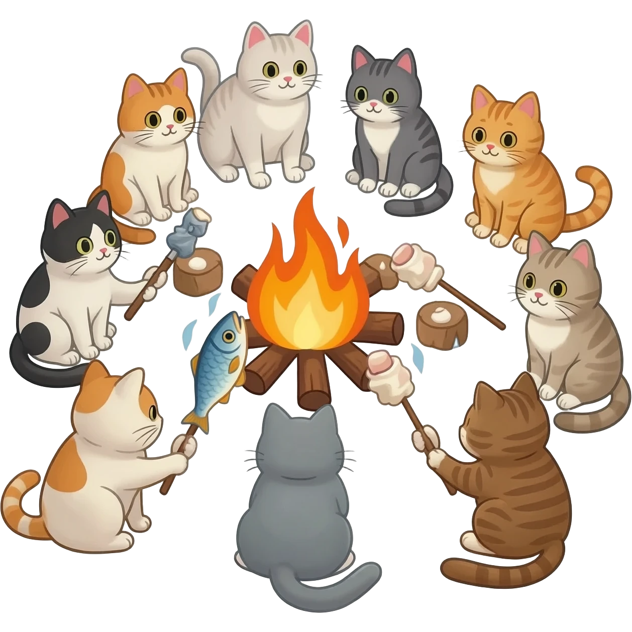 I want 10 cats front of a campfire who are enjoying and they r doing marshmallows and all or some are coking fish emoji