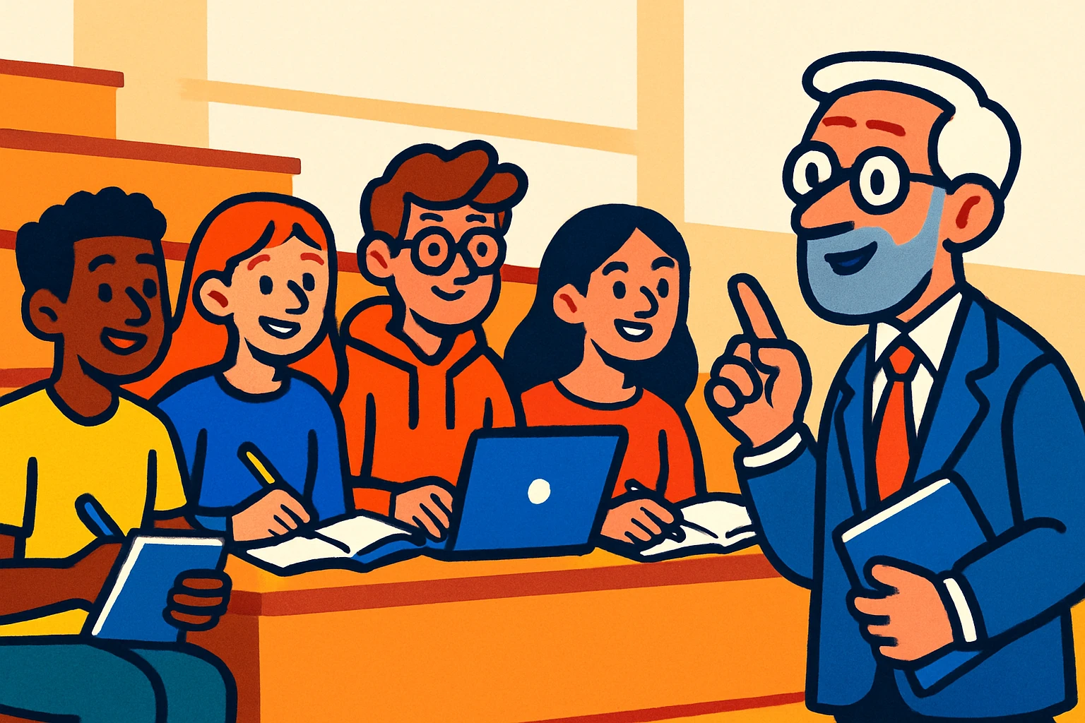 group of 4 students with notebook and laptop, listening to a professor, university atmosphere, colorful cartoon style, light background emoji