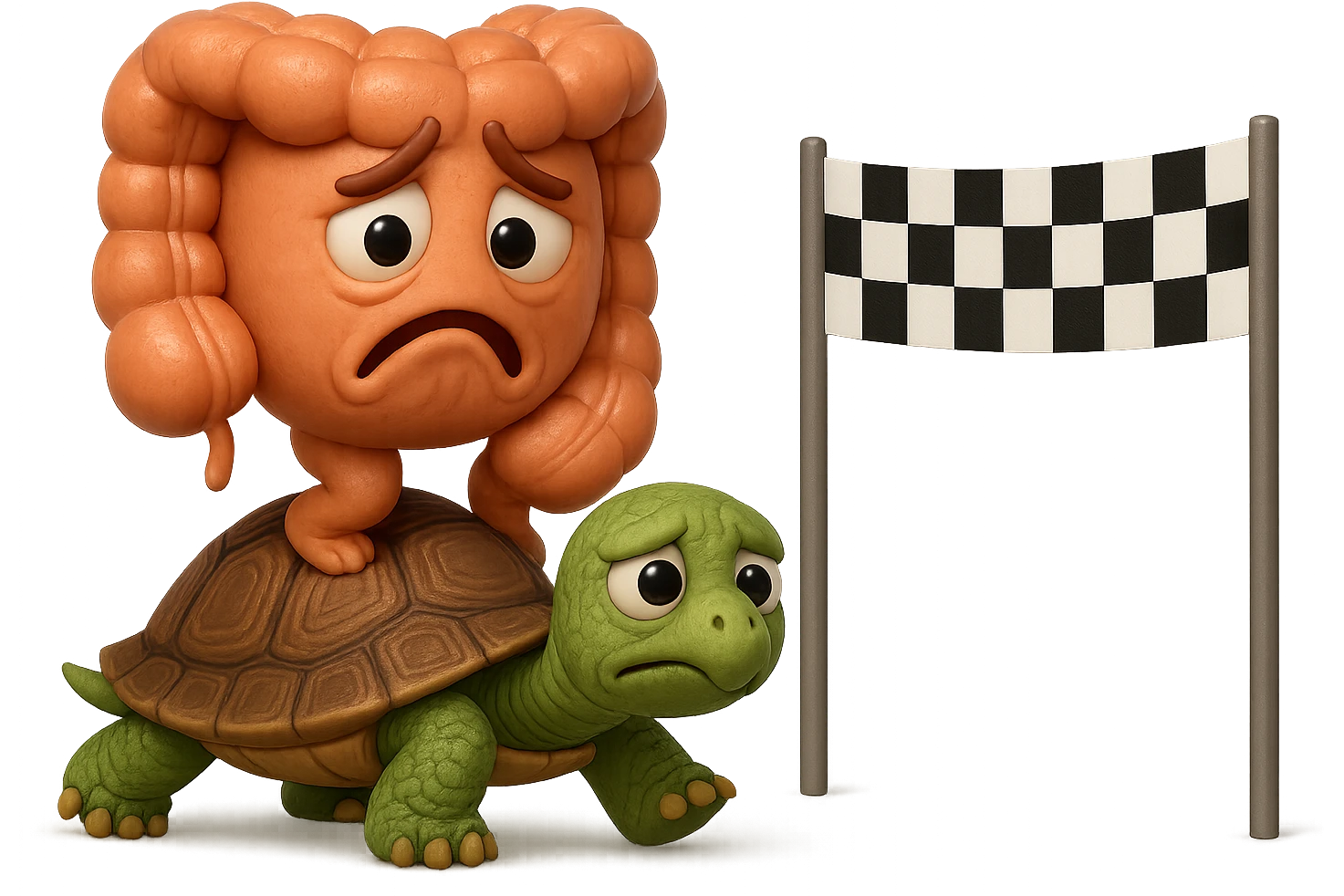  EMOJI STILE IPHONE 3D DI UN INTESTINO CON ESPRESSIONE ANGOSCIATA CHE CAMMINA SEDUTO IN GROPPA SUL GUSCIO DI UNA TARTARUGA IN ATTESA ESTENUANTE DI RAGGIUNGERE UN TRAGUARDO POCO PIù AVANTI, SULLA LORO DESTRA. IL TRAGUARDO è UNA BANDIERA A DUE PIEDI CON FASCIA A SCACCHI BIANCHI E NERI. iperrealistico 4k emoji