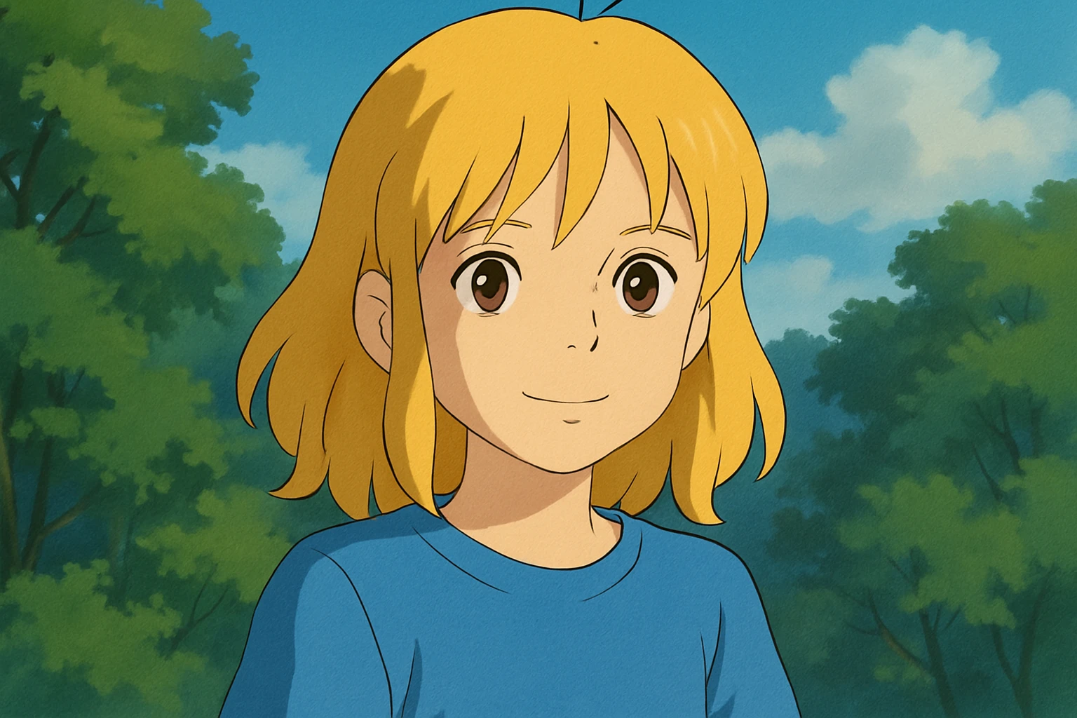 A girl yellow hair brown eyes blue t-shirt  emoji