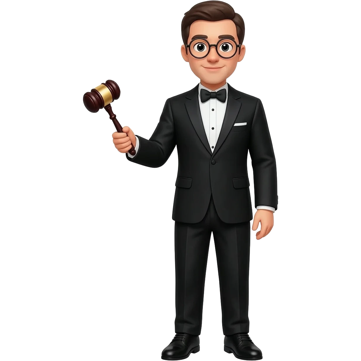 a man who works as a lawyer, he is wearing a black tuxido and glasses, he is holding a small judge's gavel emoji