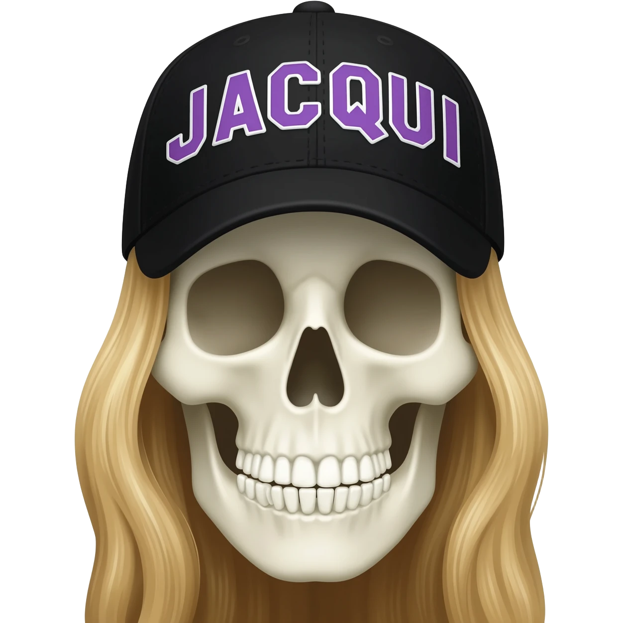Create a skeleton head wearing a black baseball cap that says " J A C Q U I " in purple, and white lettering, with long blonde hair emoji
