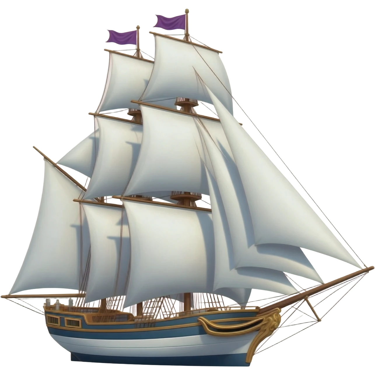 A classic, elegant sailing ship with clean white sails.  The hull is a polished Chrome and the flags at the top are a deep Amethyst Purple. emoji