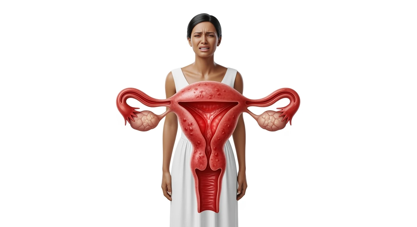 donna a figura intera con utero umano realistico in 3d in evidenza dolorante, espressione di dolore in volto, sfondo bianco, non farla computerizzata, ma iperrealistica 4k, sfondo bianco emoji