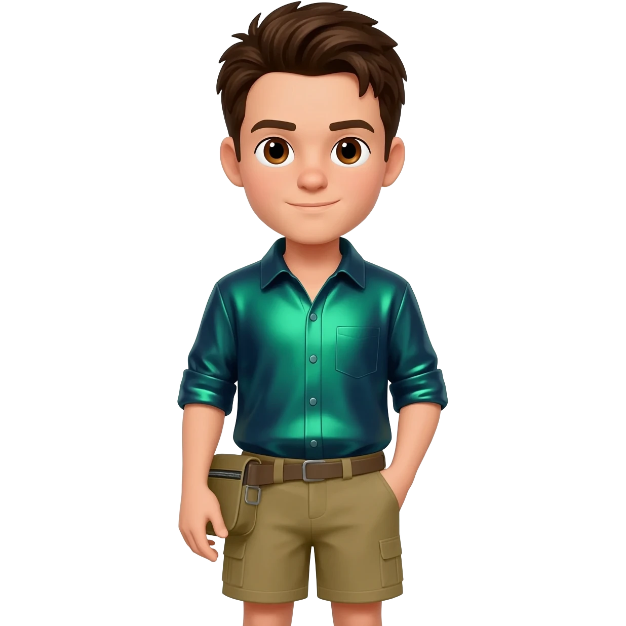 Chris Kratt with brown eyes, dark brown hair, green blue metallic shirt, khaki metallic baggy shorts emoji