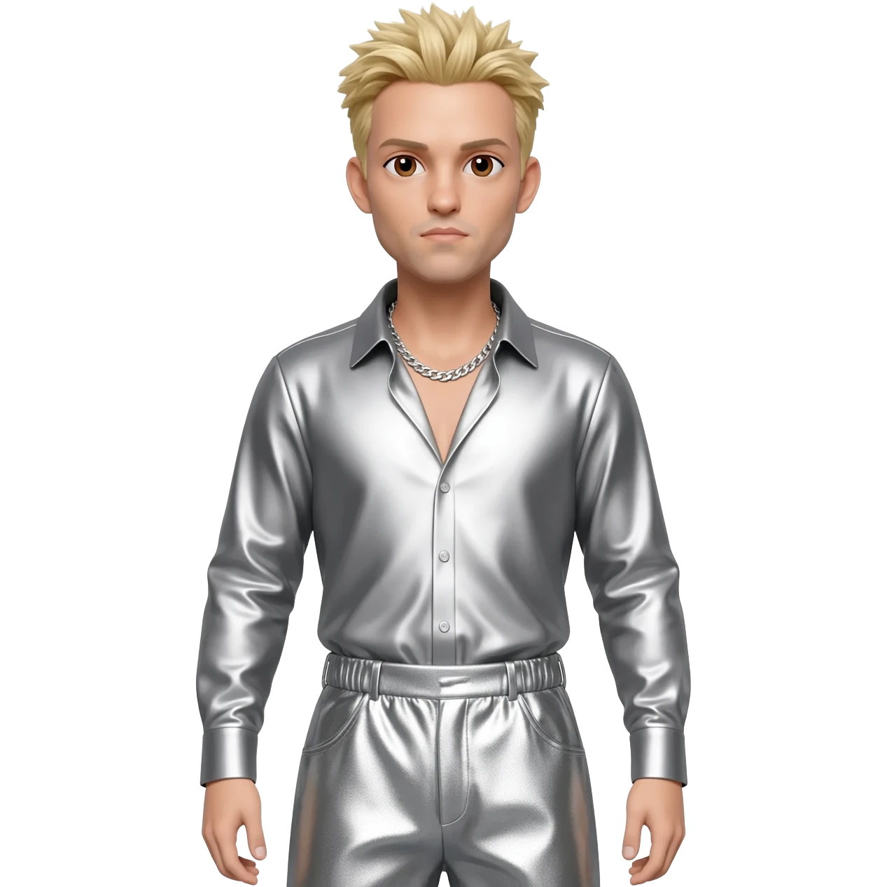 Bill Kaulitz with brown eyes, blonde hair, silver metallic shirt, silver metallic baggy pants, silver necklace emoji