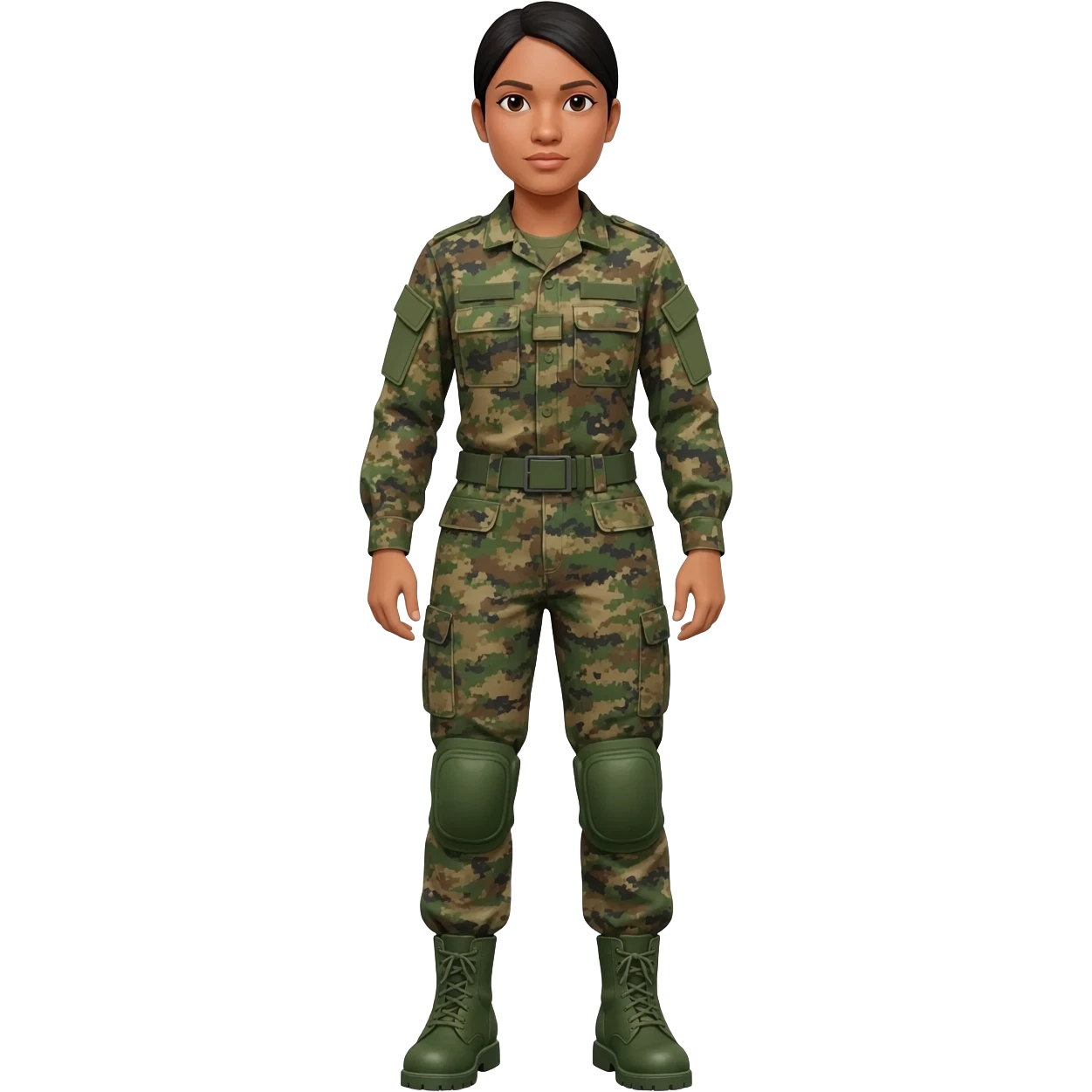 Filipino female army soldier bdu camo with green combat boots no plate carrier and no belt no knee pads long sleeve emoji
