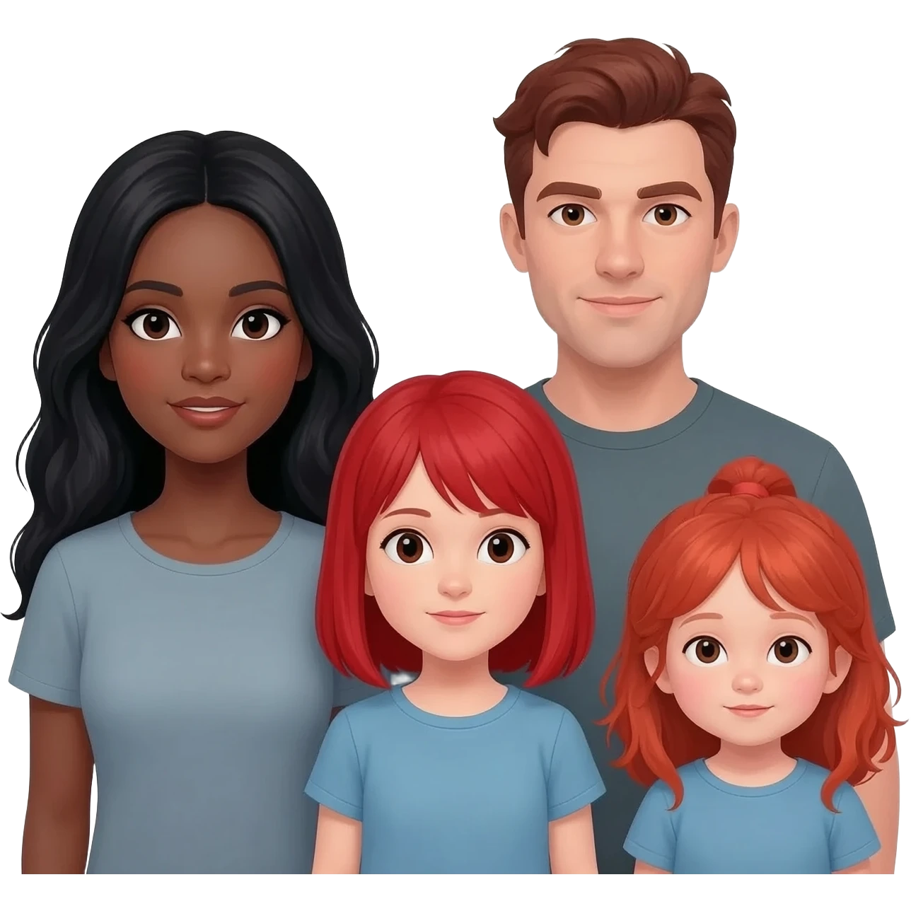 A black long haired mum, a short darkish reddish brown hair dad, a red head 11 year old girl and a red headed 2 year old girl emoji