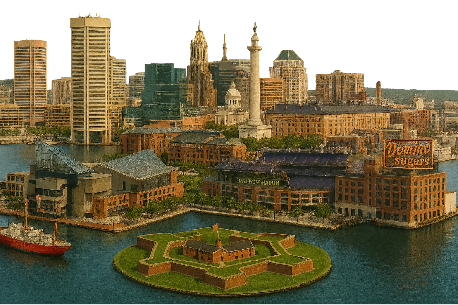 cinematic realistic emoji of Baltimore city view featuring Inner Harbor, National Aquarium, Fort McHenry, Oriole Park at Camden Yards, M&T Bank Stadium, Baltimore Basilica, Washington Monument (Baltimore), Domino Sugars sign, lifelike detail, accurate colors, bright daytime, no sky, no clouds, transparent background emoji