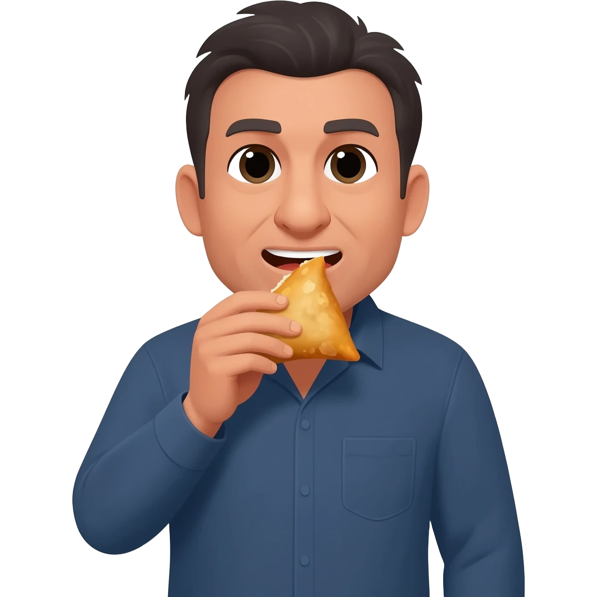 Handsome dark haired man in mid 40s eating a samosa emoji