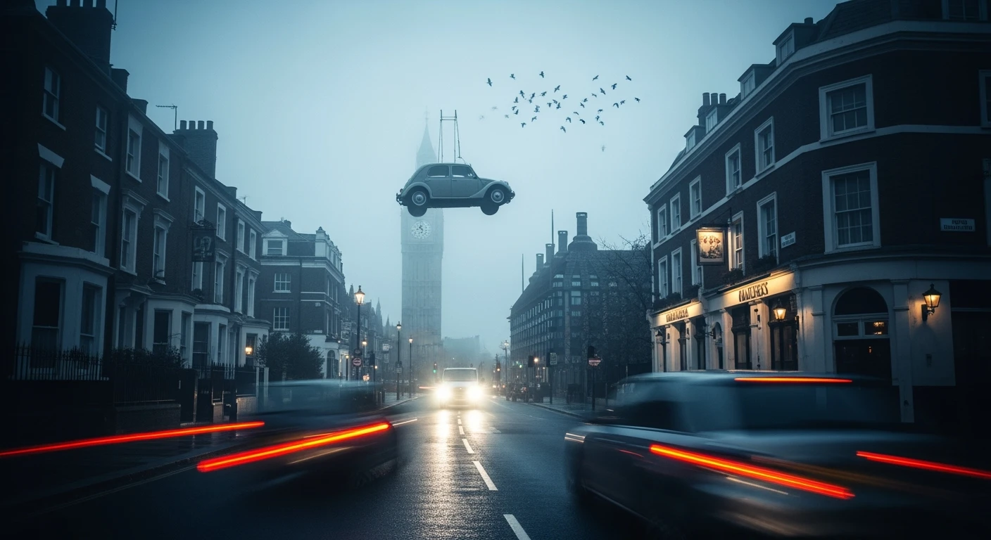 Cinematic shot of a london street, cloudy foggy day, soft light, car flying, leading lines to big ben in distance, multi composition, in foreground blurred car, on second street around UK bulding, od another plan in distance big ben, birds flying, artistic look, captured on arri alexa 35, blue hour emoji