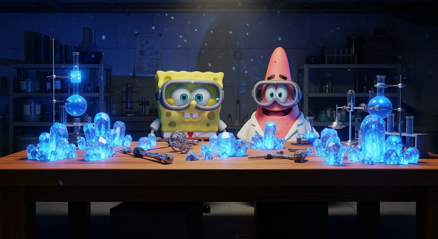 3D cienmatic cartoon shot, spongebob and patric dress in safety glasses and safe white outfit, the are standing front of table with blue crystals on table glowing (light source) science room in basement, back light, Cinema 4d render, proffesional lightning, blue colors emoji