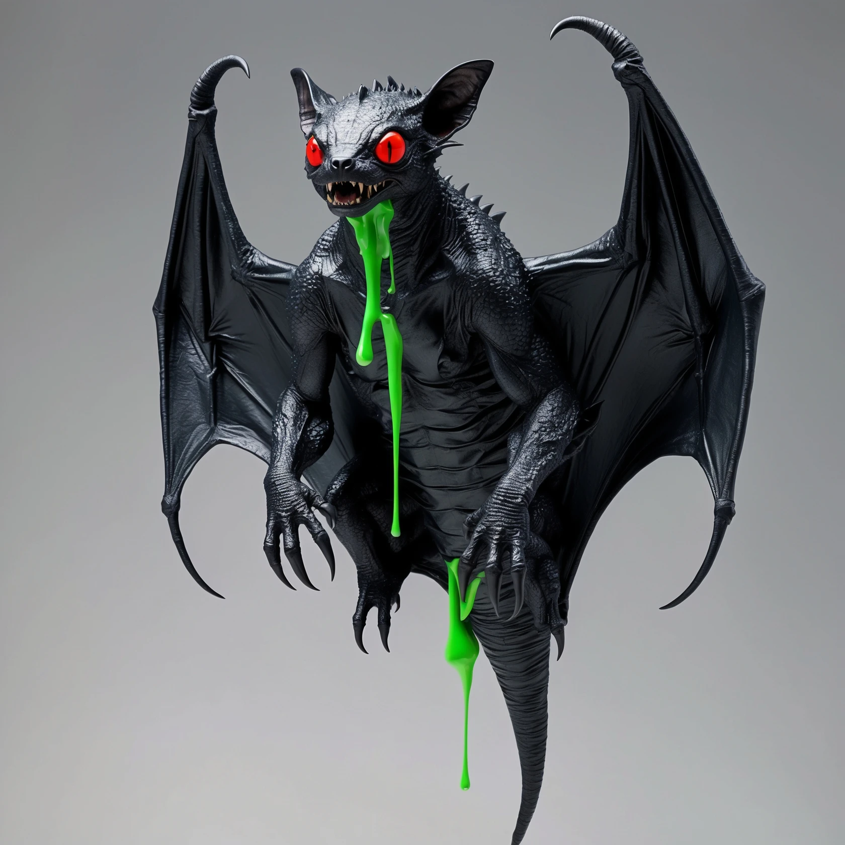 an all black reptilian bat-like creature. One cyclopian red eye in its face. no visible mouth or ears. 2 hind legs with claws. has a long tale with a stinger that drips green poison. no ears. no horns. no arms. visible bone-like stinger at end of tail emoji