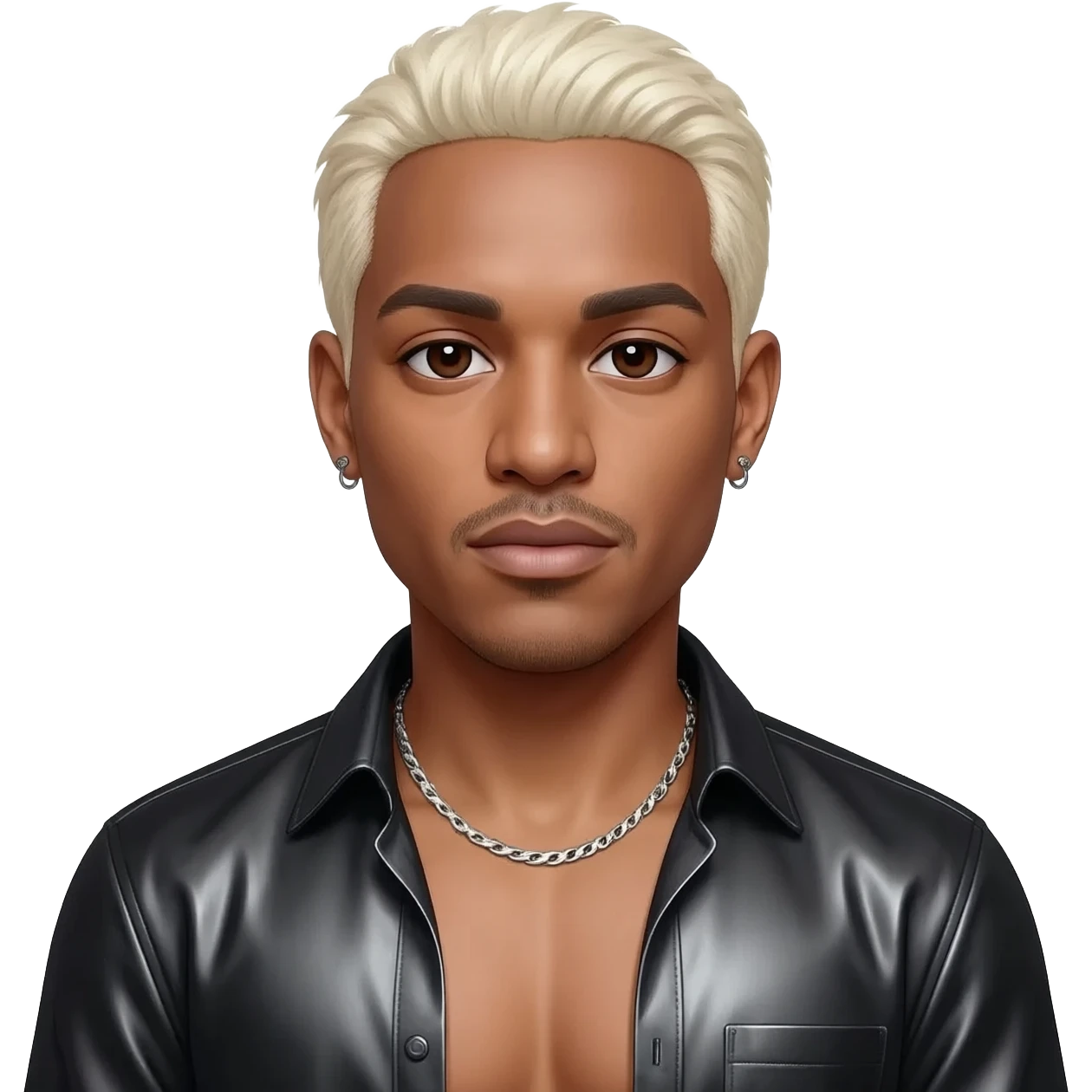 Sisqo with dark brown eyes, platinum blonde hair, black metallic open shirt, shirtless with silver necklace and short earrings emoji