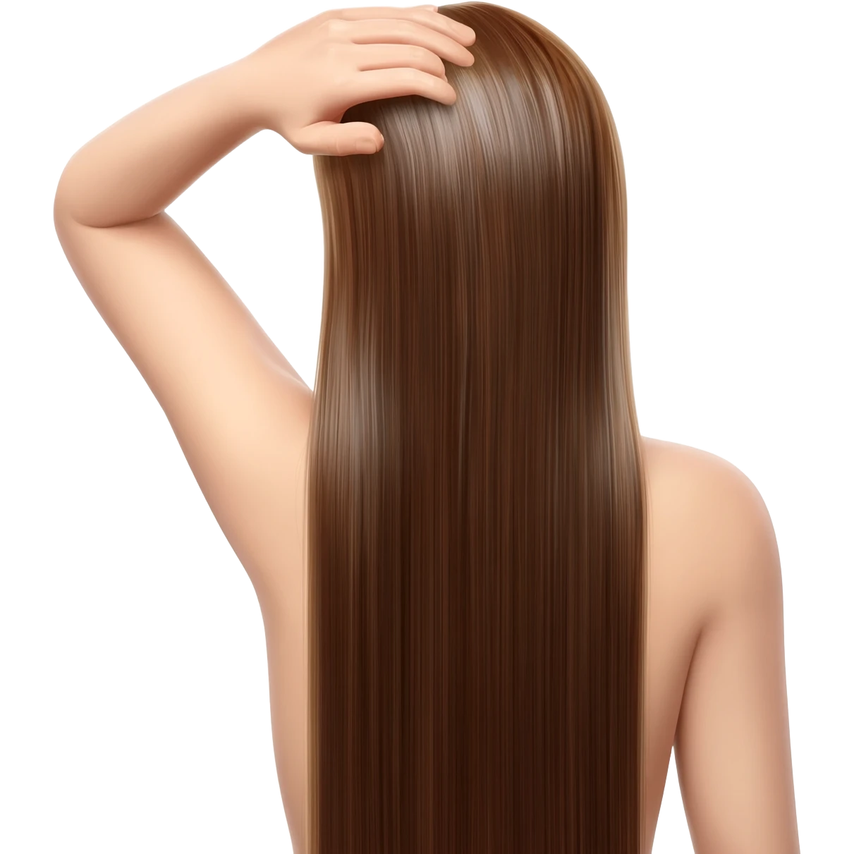 Back view of a woman with long, straight, glossy brown hair, hand gently holding the back of her head. Clean light background, soft studio lighting, sleek haircare ad style, ultra-realistic, high resolution. emoji