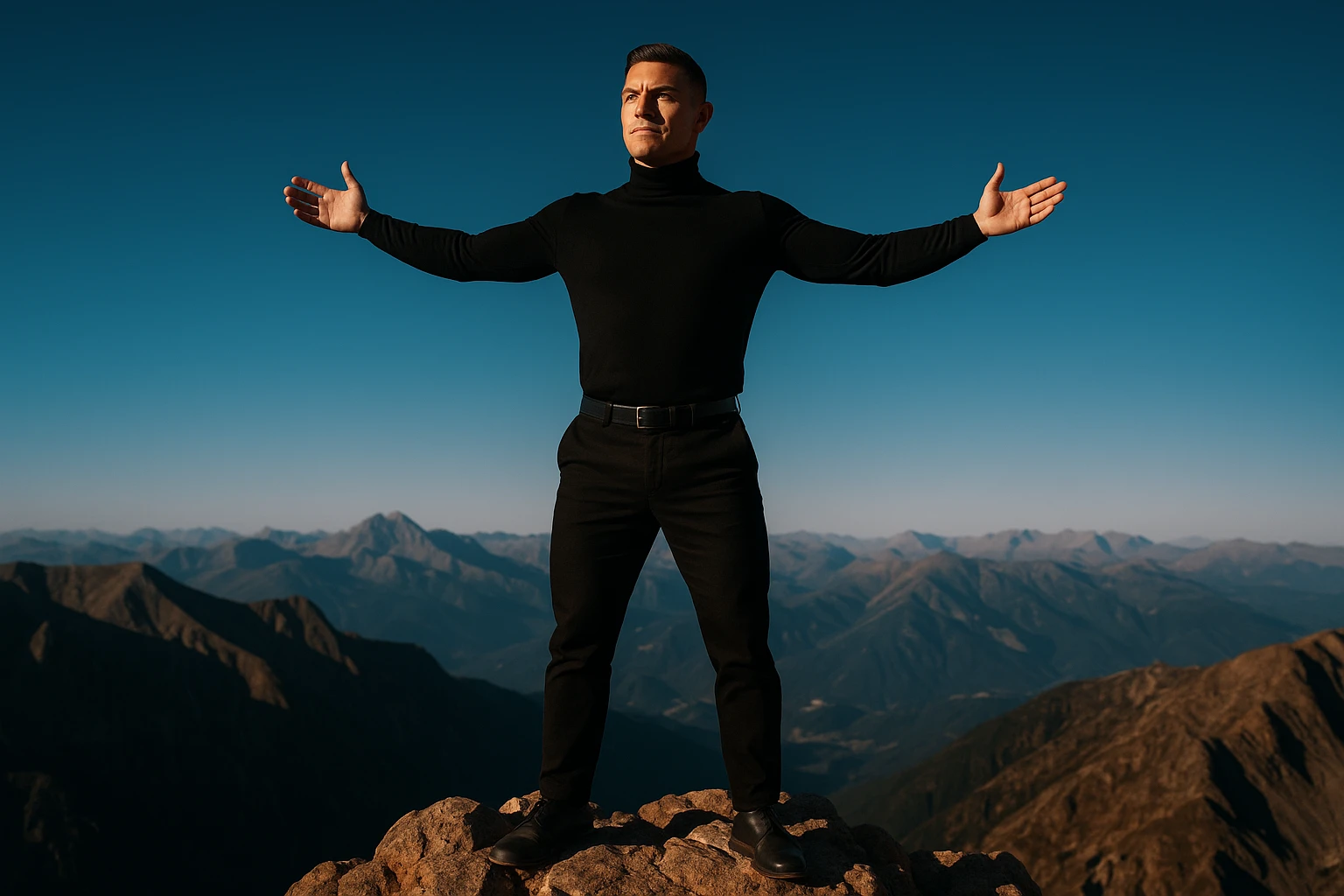 uomo che arriva in cima alla vetta accogliendo le sfide della vita e le supera senza paura, iperrealistica cinematografica 4k emoji