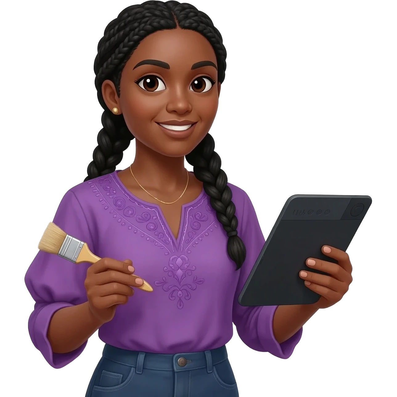 Emoji représentant une femme à la peau marron avec de longues braids noires et portant une belle chemise violette, tenant une tablette graphique dans une main et un pinceau dans l’autre emoji