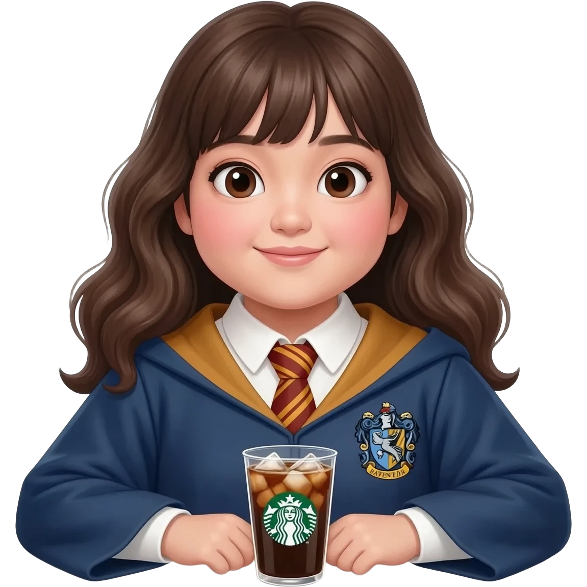 a Starbucks Americano with ice, a chubby Asian girl with wavy hair in Ravenclaw robe is sitting on the cup emoji
