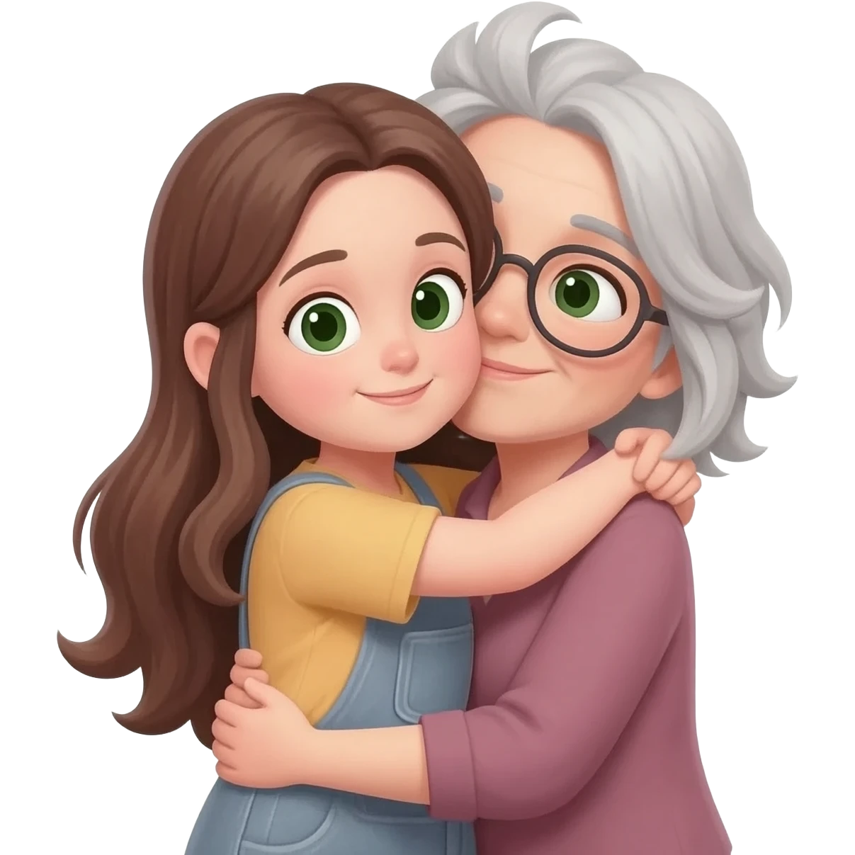 MUJER MAESTRA, PELO GRIS, MOÑO INFORMAL DESPEINADO, OJOS VERDES CARA OVALADA ABRAZA A NIÑA MORENA PELO LARGO emoji